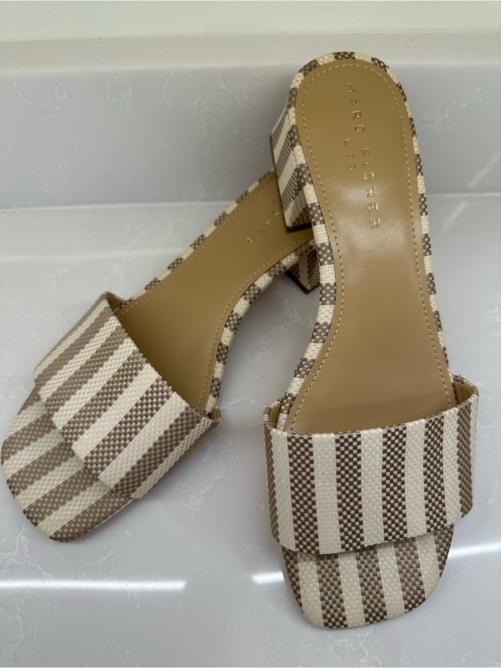 NWT Marc Fisher LTD Olysa Striped Block Heel Slide Sandals Cream Natural 9.5M